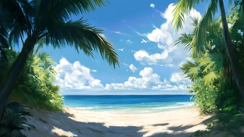Tropical Coastal View with Palm Trees and Ocean