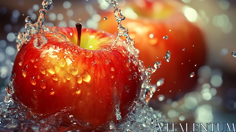 Red apple is captured mid-splash with suspended water droplets