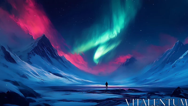 Solitary figure studies aurora over stylized polar valley