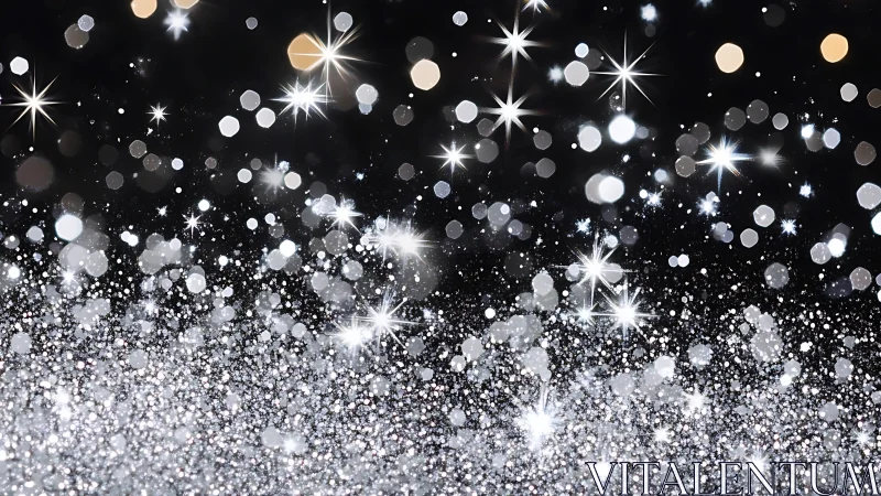Silver glitter particles on dark background in bokeh field.