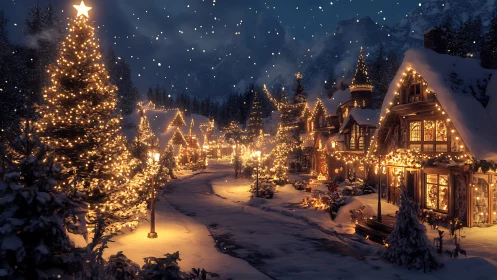 Snowy village street with warm Christmas lights at night.