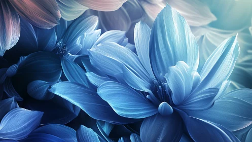 Layered blue petals form luminous abstract floral landscape