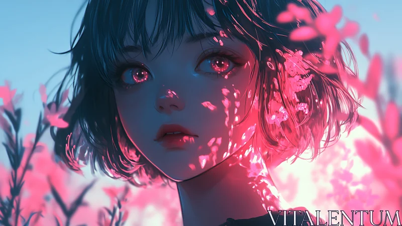 Backlit anime portrait with volumetric pink bloom reflections