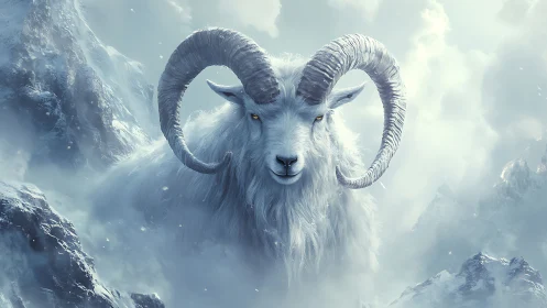 Glacial horned caprine apparition in volumetric alpine mist.