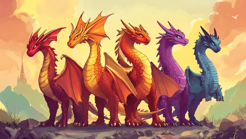 Vibrant elemental dragons stand united at a sunrise ridge