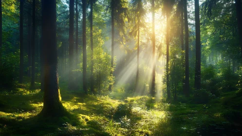 Sunbeams in Lush Green Forest, Serene Nature Photography.