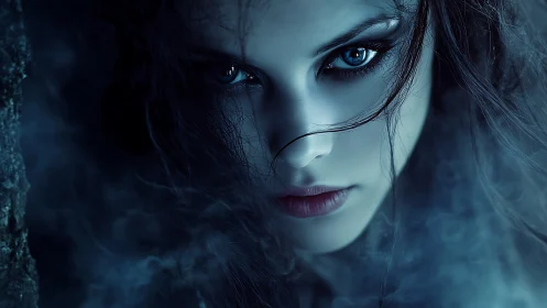 Enigmatic blue eyed sorceress emerging from silver mist.