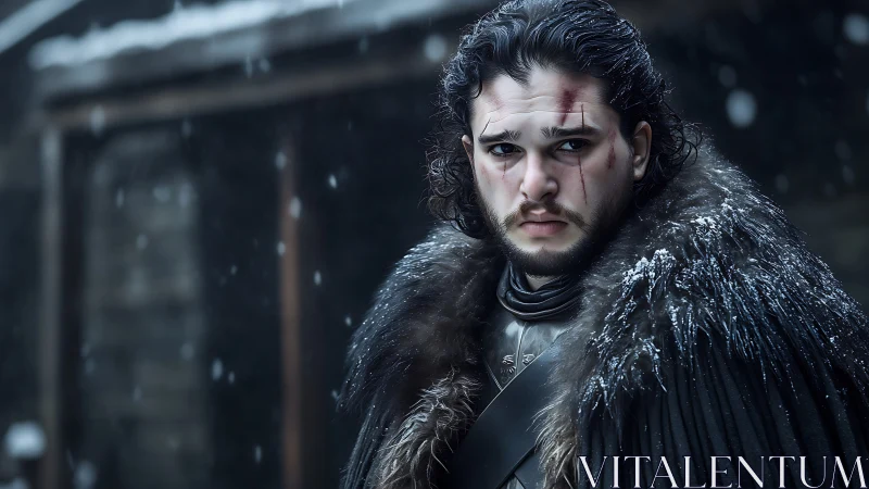 Snow-streaked warrior studies the storm with quiet defiance