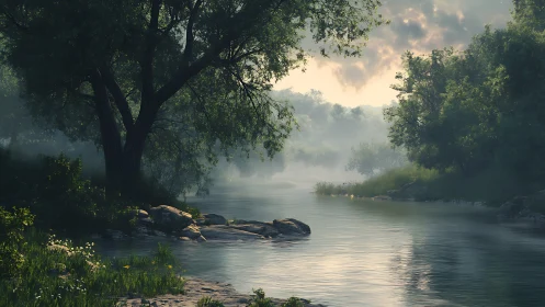Misty forest river bends through soft dawn light glow.