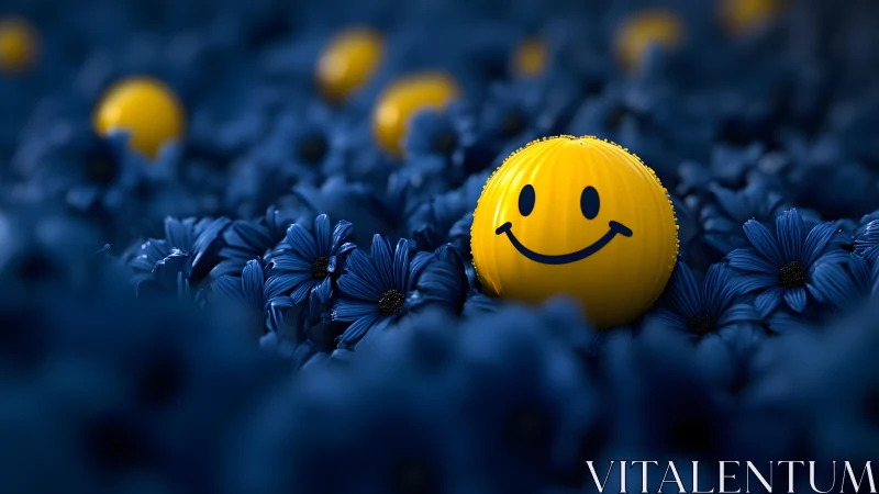Bright yellow smiley ball among deep blue flowers, digital art.