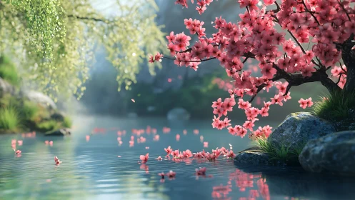 Cherry blossoms drift over misty riverbank serenity