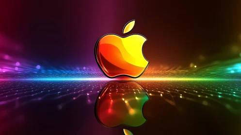 Glossy multicolor apple logo on luminous digital surface.