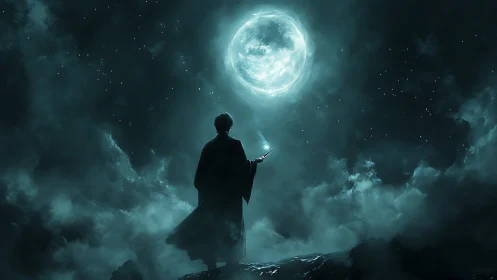 Moonlit mage summons silver clouds in a spellbound sky.