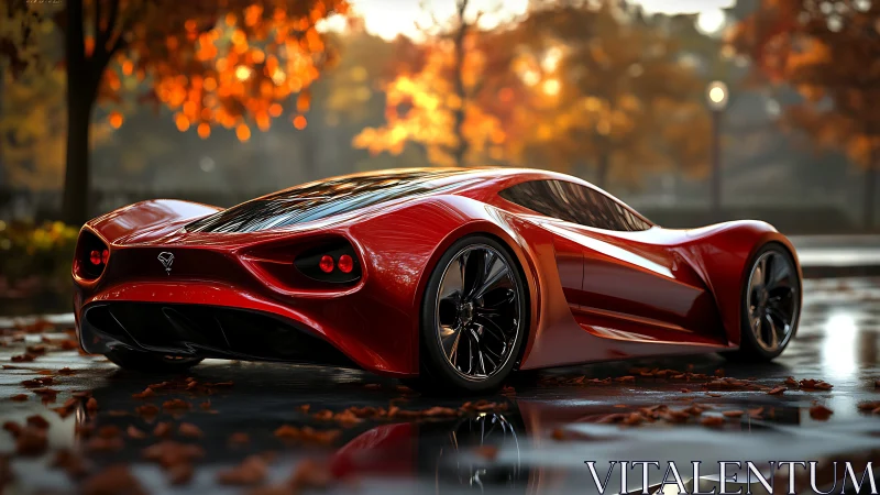 Red concept sports car in wet autumn park setting.