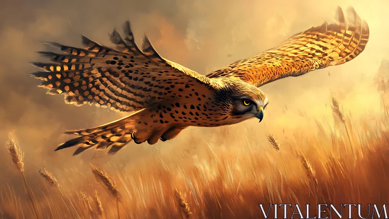Majestic Hawk Soaring Over Golden Wheat Field, Realistic Art Style.
