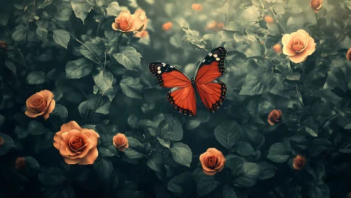 Gentle orange butterfly drifts above blooming roses at dusk