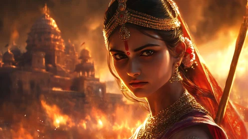 Warrior queen before burning temple, cinematic digital render.