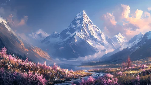 Snowy mountain above river valley with pink spring flowers.