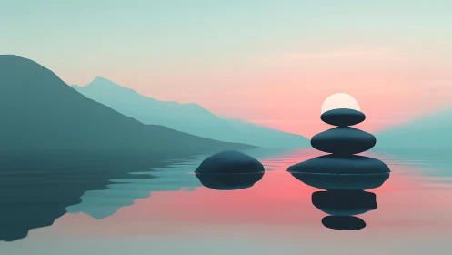 Balanced stones on calm water at pastel colored sunset.