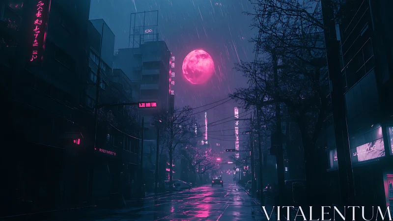 Neon rain hums softly while a pink moon rewrites the sky