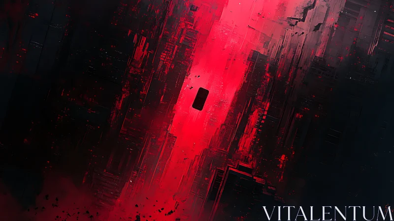 Monolithic object drifts through vertical red digital abyss