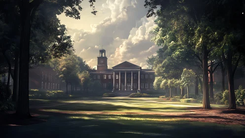 Brick academic hall framed by trees and clouded sky.