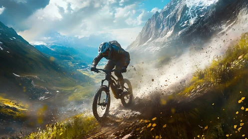 Mountain Biker Descending Alpine Trail with Dynamic Dust Dispersion