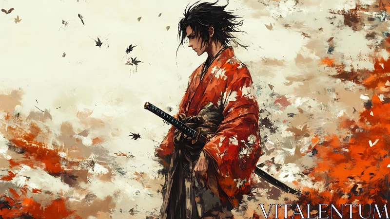 Digital painting of lone samurai in abstract autumn palette.