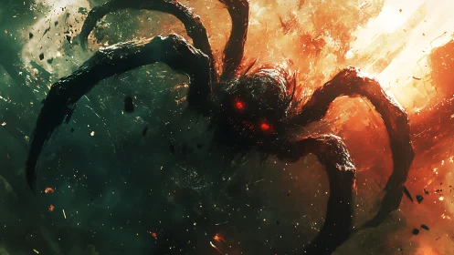 Infernal arachnid entity emerging through cosmic firestorm.