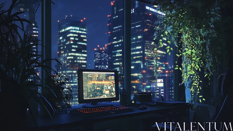 Computer workstation overlooks illuminated high-rise cityscape