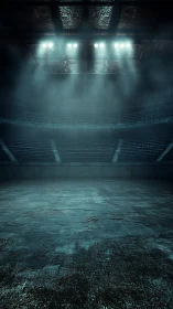 Empty indoor arena floor lies under overhead spotlights