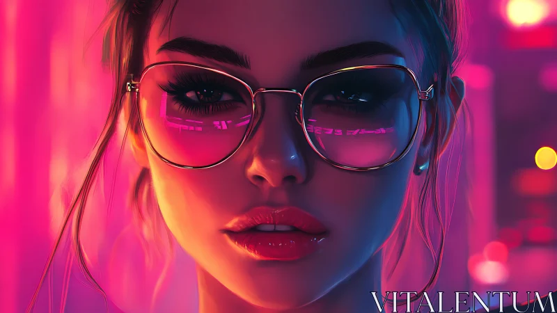 Neon lit female portrait with reflective sunglasses at night.