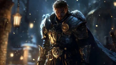 Armored figure stands in cold, dimly lit medieval courtyard