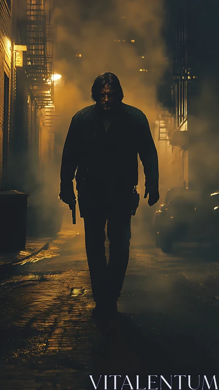 Lone gunman emerging through smoky alleyway haze at night.