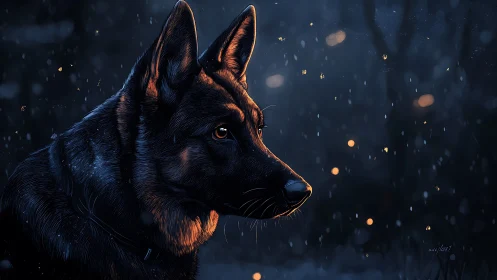 German shepherd profile in cinematic blue-orange bokeh light.