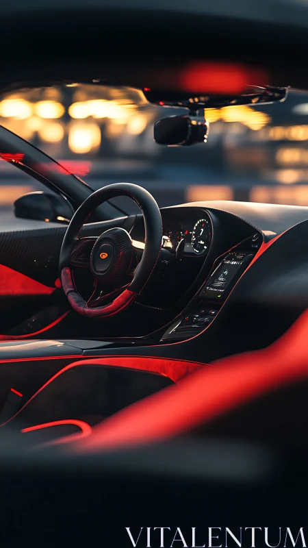 Sportscar cockpit with red ambient interior lighting.
