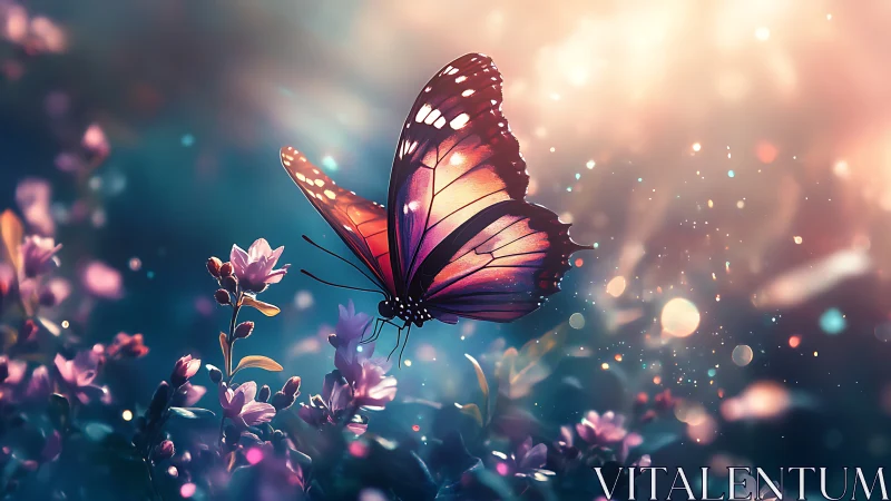 Macro digital butterfly hovering over luminous floral bokeh
