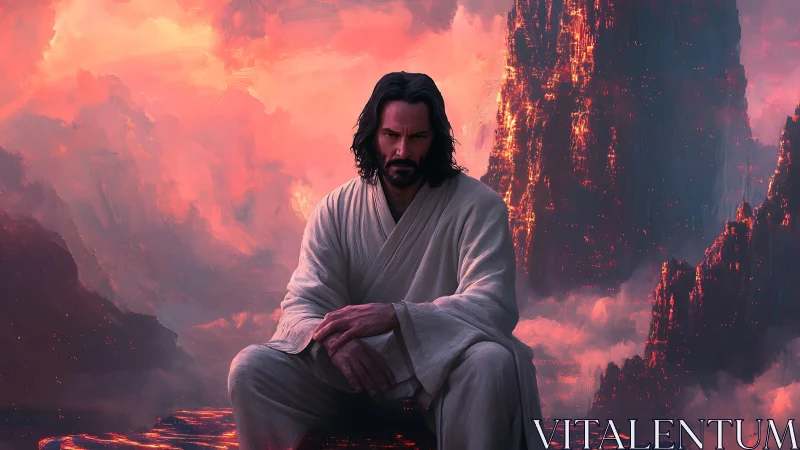 Solitary robed warrior amid molten volcanic cliffs.