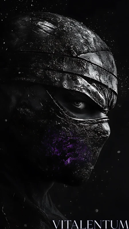 Subsurface-scored obsidian mask warrior with spectral emissions.