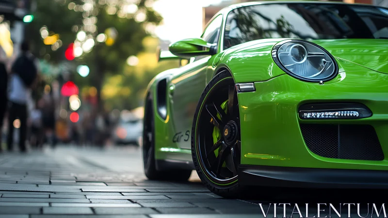 Green sports car hugs city street with glossy precision.
