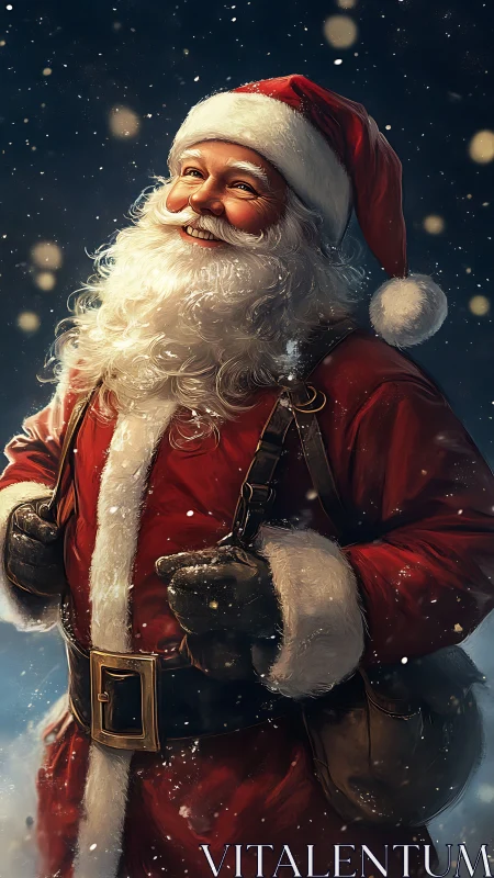 Portrait of Santa Claus in winter snowfall at night.