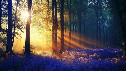 Sunlit forest glade over violet wildflower carpet at dawn.
