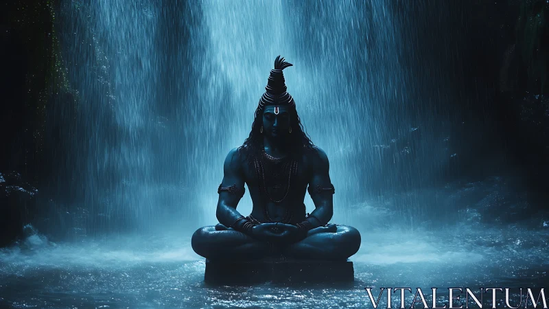 Shiva meditates beneath cascading blue-lit sacred waterfall.