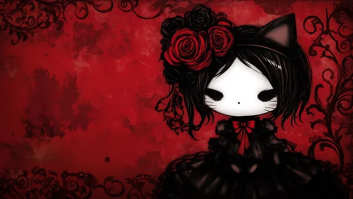 Gothic chibi catgirl in black lace dress on red field.