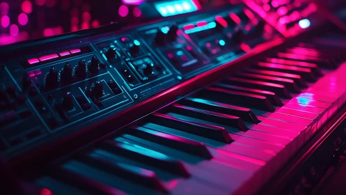 Neon-lit analog synthesizer keyboard under vibrant club lighting.