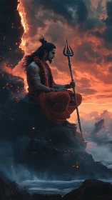 Volcanic shoreline ascetic with trident under turbulent dusk sky.