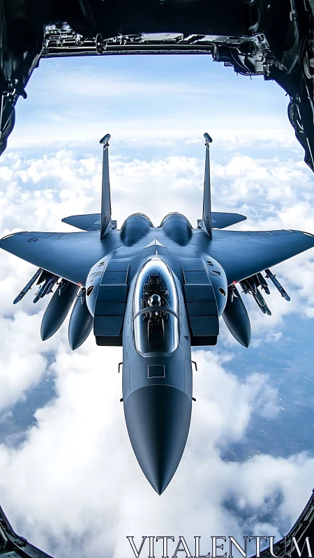 Stealth gray fighter jet framed midair beneath cargo ramp.