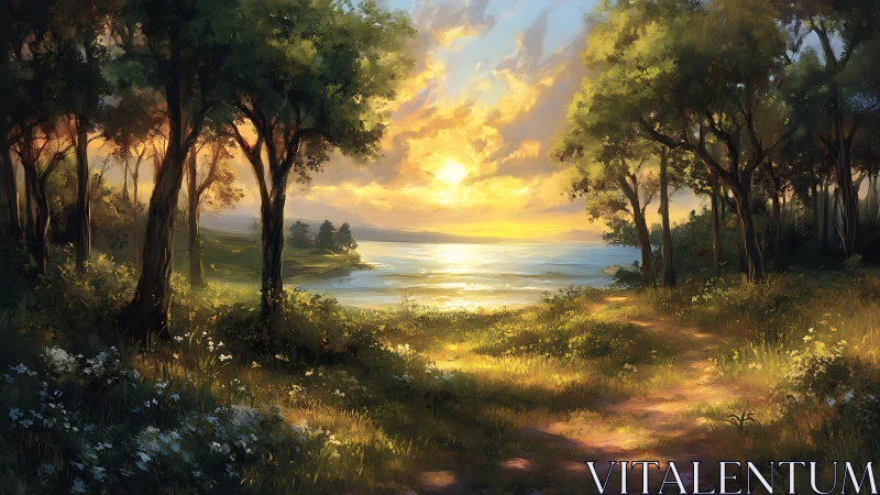 Sunlit forest path opening onto tranquil lakeside horizon.