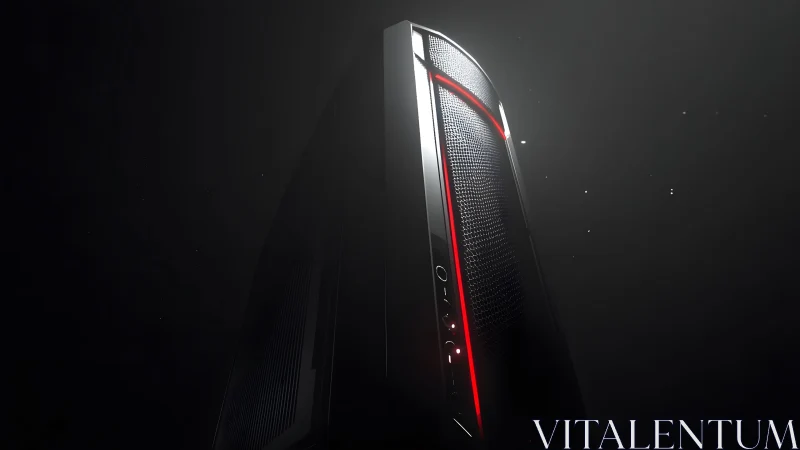 Sleek gaming PC tower with red LED lights in dramatic lighting.