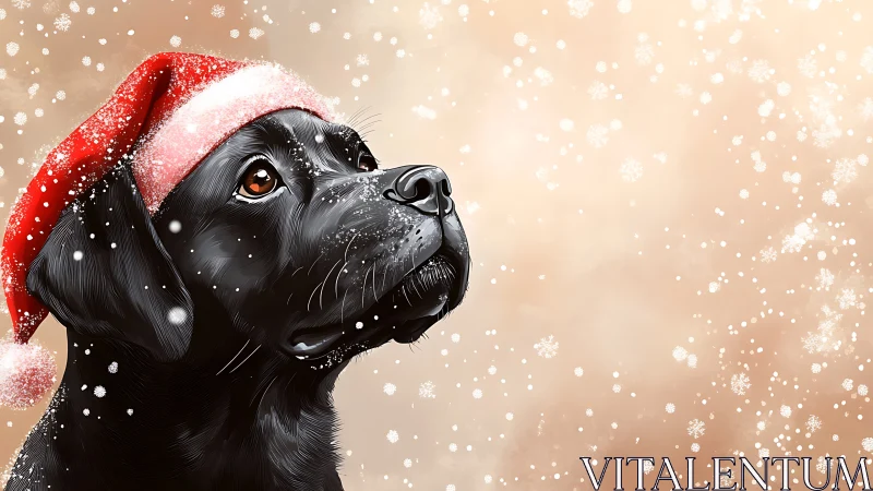 Digital painting of black Labrador in Santa hat with snowfall.